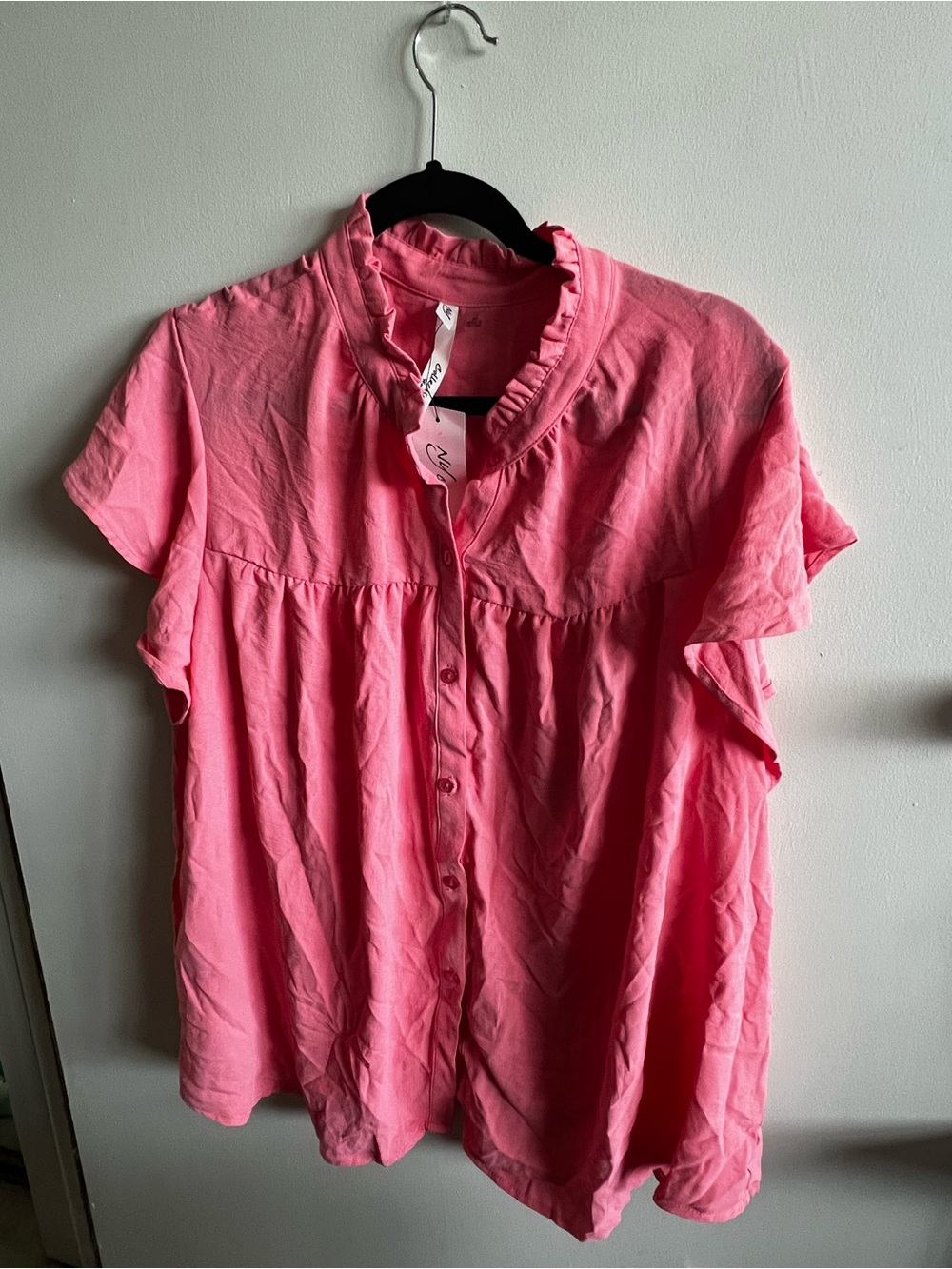 NY Collection Pink Ruffle-Trim Button Front Blouse